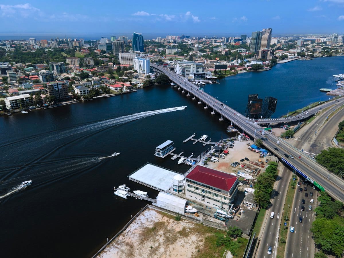 Eko Atlantic, the Ikoyi bridges and the Marina, in warm light.